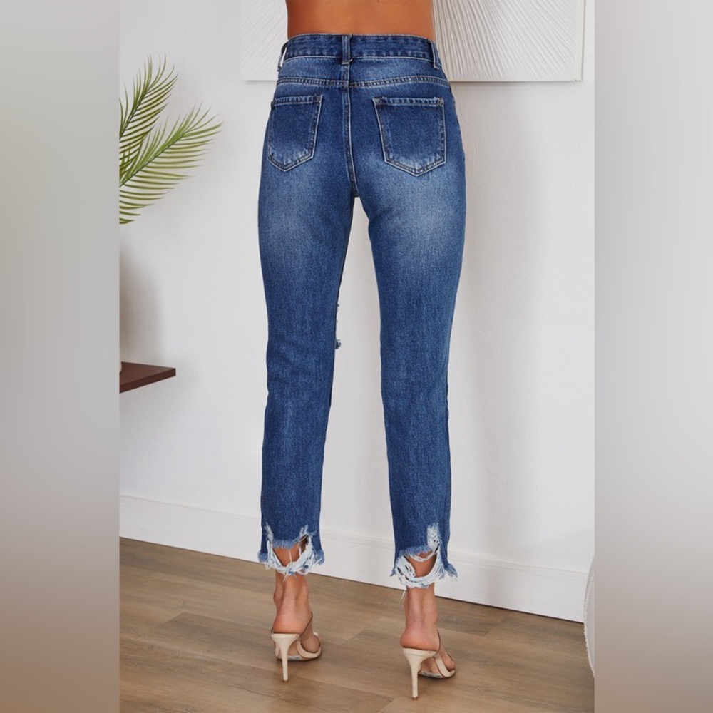 (H9616-DNM) STRAIGHT LEG DENIM PANTS WITH DISTRESSED HEM AND KNEES - Picture 3 of 4